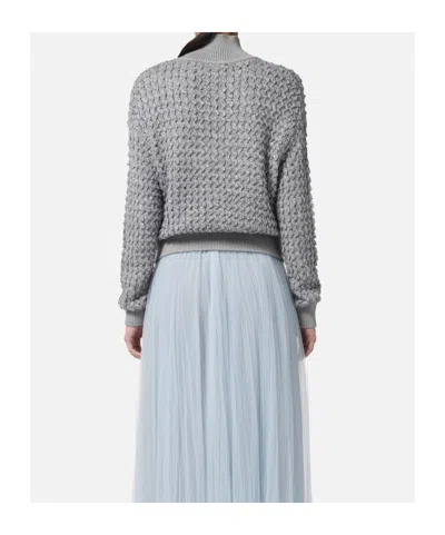 Elisabetta Franchi Cable Knit Tricot Sweater With Sequined Inserts And High Neck In Gray