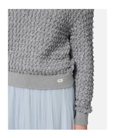 Elisabetta Franchi Cable Knit Tricot Sweater With Sequined Inserts And High Neck In Gray