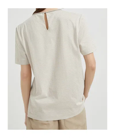 Brunello Cucinelli Striped Crew Neck T-shirt With Keyhole Detail In Neutral