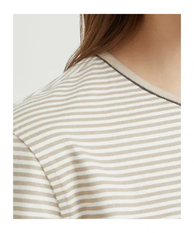 Brunello Cucinelli Striped Crew Neck T-shirt With Keyhole Detail In Neutral