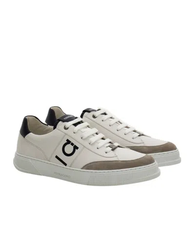 Ferragamo Alaska Leather And Suede Sneaker With Gancini Detail In White