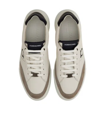 Ferragamo Alaska Leather And Suede Sneaker With Gancini Detail In White