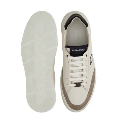 Ferragamo Alaska Leather And Suede Sneaker With Gancini Detail In White