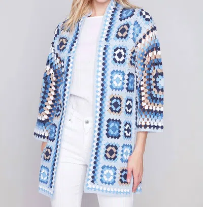 Charlie B Long Crochet Cardigan In Denim In Blue