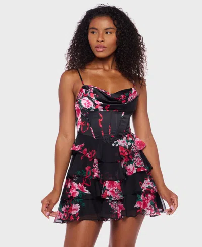 Alex & Sophia Juniors' Tiered Satin Skirt Corset Draped Neck Dress In Black