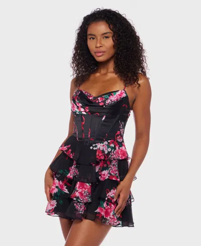 Alex & Sophia Juniors' Tiered Satin Skirt Corset Draped Neck Dress In Black