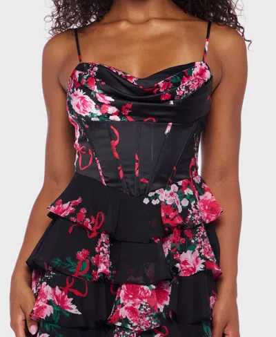 Alex & Sophia Juniors' Tiered Satin Skirt Corset Draped Neck Dress In Black