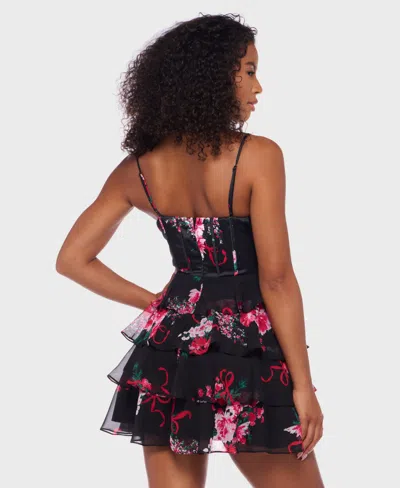 Alex & Sophia Juniors' Tiered Satin Skirt Corset Draped Neck Dress In Black