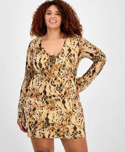 Bar Iii Trendy Plus Size Leopard-print Long-sleeve Mesh Dress, Exclusively At Macy's In Multi