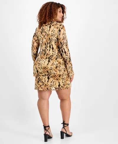 Bar Iii Trendy Plus Size Leopard-print Long-sleeve Mesh Dress, Exclusively At Macy's In Multi