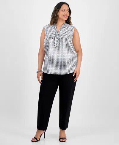 Kasper Plus Size Diamond-print Tie-neck Top In Multi