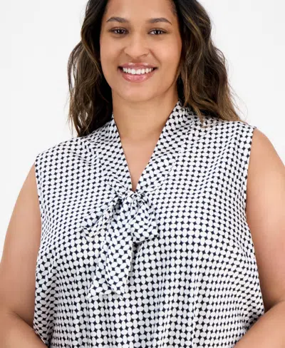 Kasper Plus Size Diamond-print Tie-neck Top In Multi