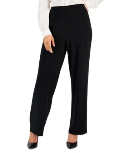 Ak Anne Klein Petite Solid Wide-leg Pull-on Knit Pants In Black