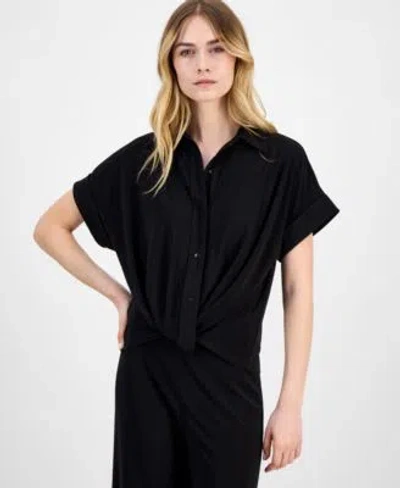 Anne Klein Womens Solid Twist Front Button Down Textured Crepe Knit Top Xxs P Xxl In Black