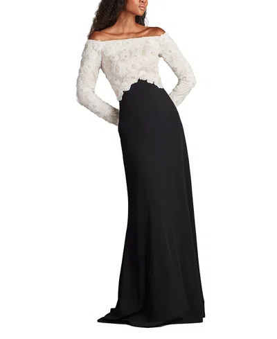 Tadashi Shoji Rhinestone Floral Off The Shoulder Mixed Media Gown In Black