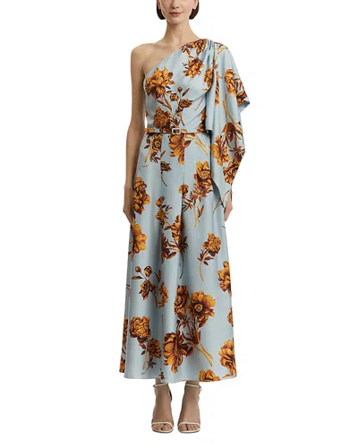 Oscar De La Renta One-shoulder Belted Draped Floral-print Silk-twill Midi Dress In Blue