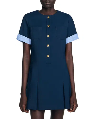 Sandro Womens Navy Blue Patch-pocket Pleated Stretch-woven Mini Dress