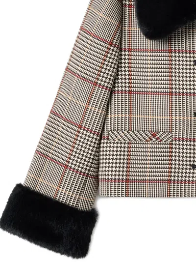 Self-portrait Girls Check Fur Jacket In Brown