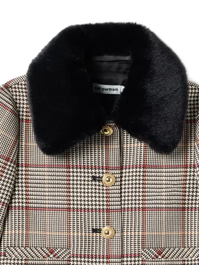 Self-portrait Girls Check Fur Jacket In Brown