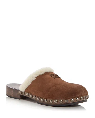 Miu Miu Suede Shearling-lined Clogs In Brown