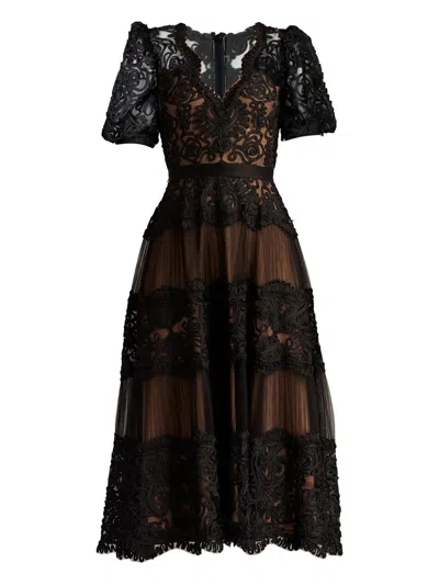 Tadashi Shoji Belline Embroidered Chiffon Midi Dress In Black