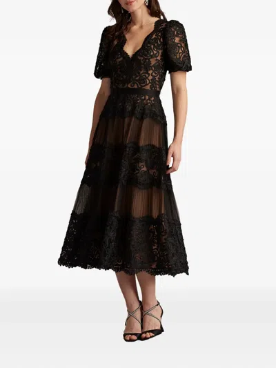 Tadashi Shoji Belline Embroidered Chiffon Midi Dress In Black