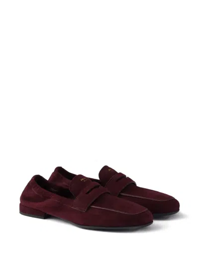 Prada Shuffle Antiqued Suede Loafers In Red