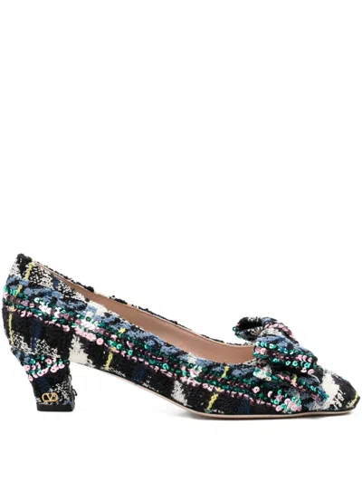 Valentino 45mm Bowow Shiny Plaid Tweed Pumps In Multi