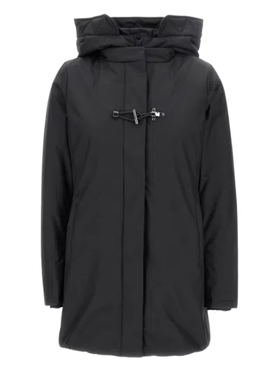 Fay Hooded Black Jacket With Quilted Detailing And Toggle Closure In Black
