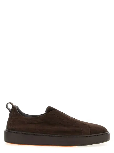 Santoni Suede Slip-on Trainer With Double Buckle Decoration In Brown