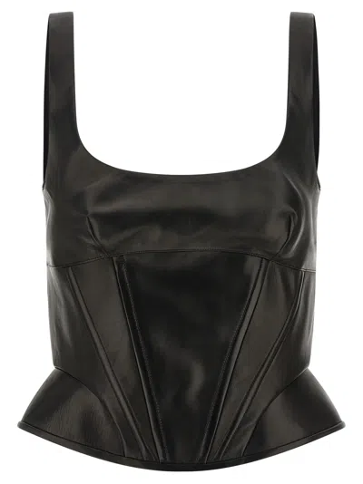Ermanno Scervino Square Neckline Leather Top With Panel Detailing In Black