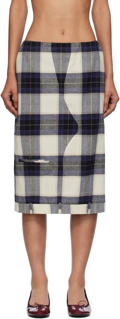 Pushbutton Multicolor Check Trousers Upside Down Midi Skirt In Blue