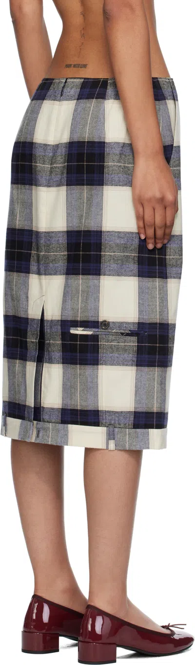 Pushbutton Multicolor Check Trousers Upside Down Midi Skirt In Blue