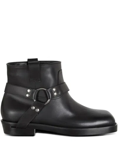 Balmain Square Toe Ankle Strap Boots With Pull Tabs In Black