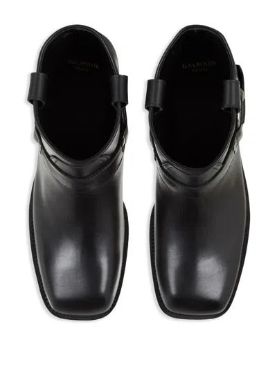 Balmain Square Toe Ankle Strap Boots With Pull Tabs In Black