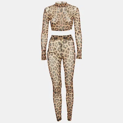 Pre-owned Philipp Plein Leopard Print Stretch Mesh Semi Sheer Top And Leggings Set S In Brown