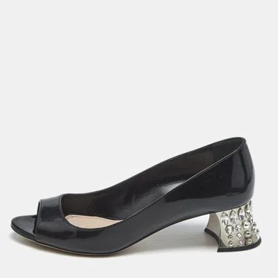 Pre-owned Miu Miu Black Patent Leather Crystal Embellished Peep Toe Pumps Size 36.5