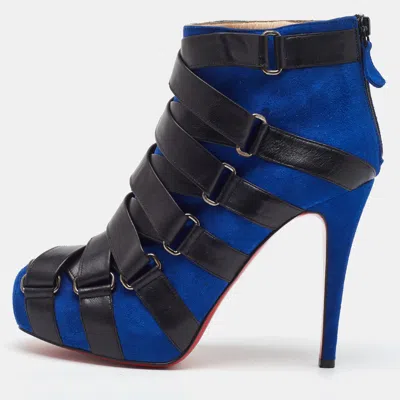 Pre-owned Christian Louboutin Blue/black Suede And Leather Nitonimoi Platform Ankle Boots Size 38