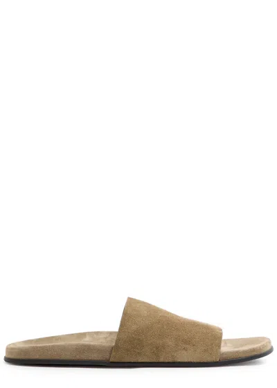 The Row Hugh Suede Flat Slide Sandals In Nude
