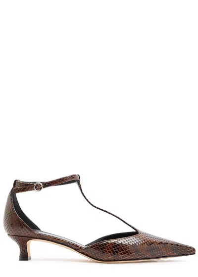 Aeyde Liz Snake Print Calf Leather Moka Shoes In Brown
