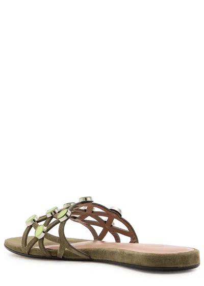 Attico The  Grid Embellished Suede Sliders In Green