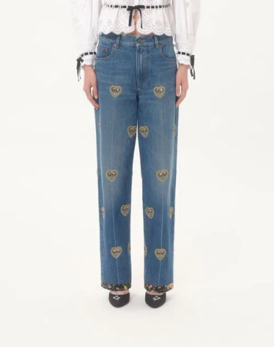 Valentino Embroidered Embellished High-rise Straight-leg Jeans In Blue