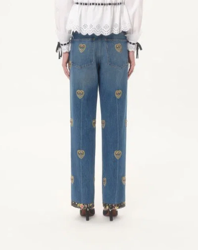 Valentino Embroidered Embellished High-rise Straight-leg Jeans In Blue