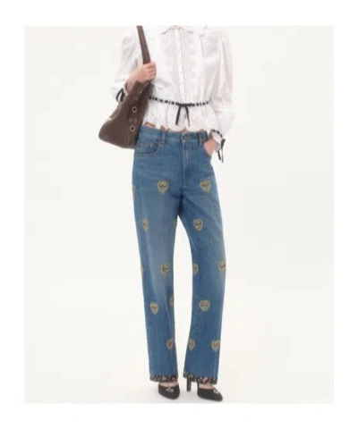 Valentino Embroidered Embellished High-rise Straight-leg Jeans In Blue