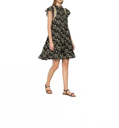 Sea Elizabeth Print Mini Flutter Sleeve Dress In Black In Green