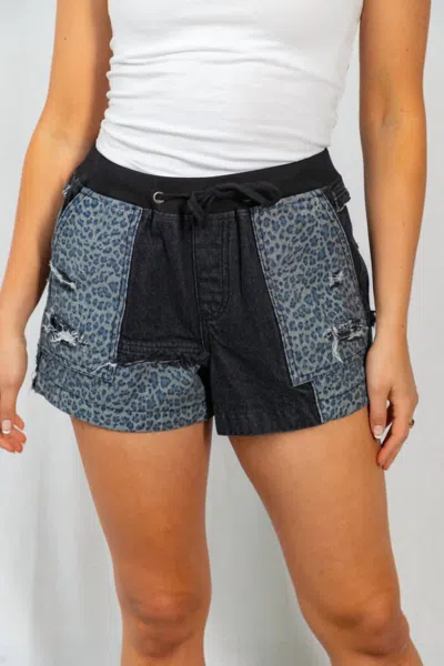White Birch Animal Print Mixed Distressed Shorts In Black In Blue