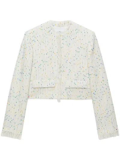 Msgm Cropped Textured Jacket With Fringe Details In Neutral