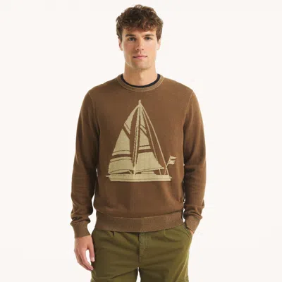 Nautica Mens Plaited Crewneck Sweater In Brown
