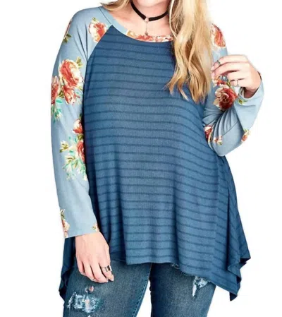 Umgee Floral & Striped Knit Trapeze Tunic - Plus In Blue In Blue