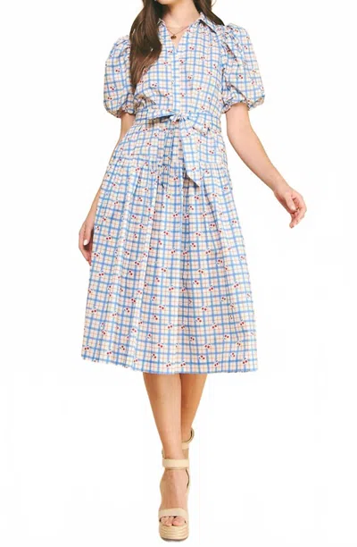 Pinch Checkered Cherry Midi Dress In Blue In Blue